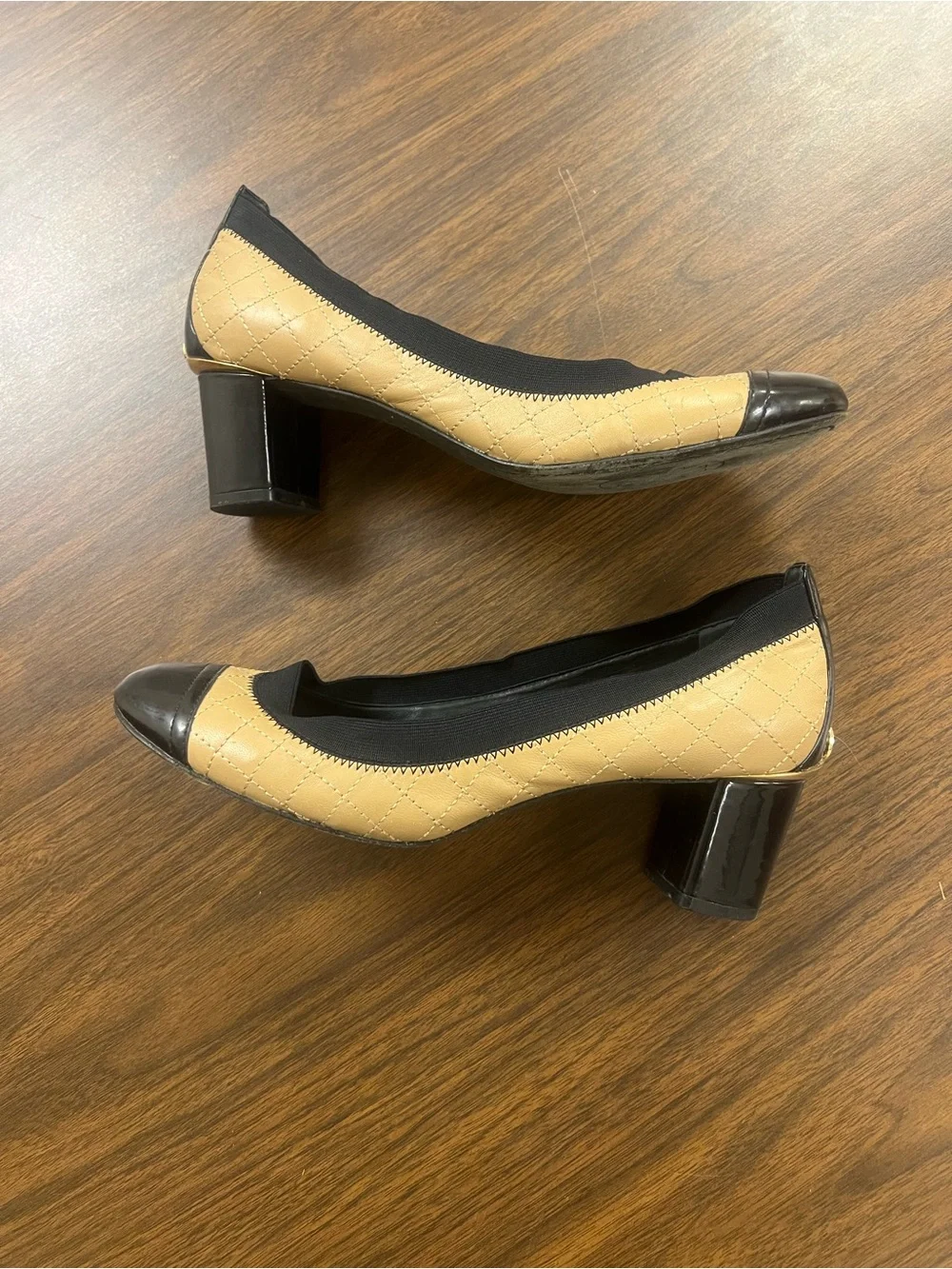 Tory Burch Quilted Two-Tone Block Heel Pumps in Beige and Black